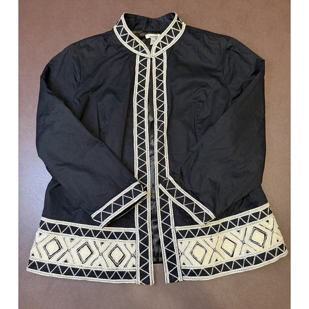 Vintage Chico’s Size 2 Black & White Embroidered Open Jacket Cotton Lined EUC